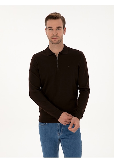 Cacharel Kahverengi Regular Fit Yün Karışımlı Fermuarlı Polo Yaka Basic Triko Kazak