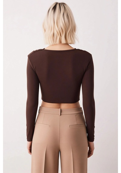 Benerly Kadın Bluz Crop V Yaka Uzun Kol Fitted Kalıp Örme Kumaş Düz Desen Kahverengi