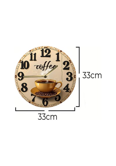 Sessiz Yuvarlak Ahşap Duvar Saati, Kuvars Coffe Desen 2d Sdw028 Renkli