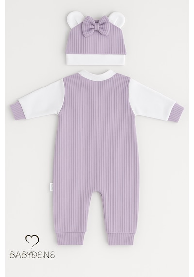 Babyden's Teddy Bear Temalı Yenidoğan Fitilli Tulum Takımı Ayıcıklı Kız Bebek Tulum Şapka Set %100 Pamuk Lila
