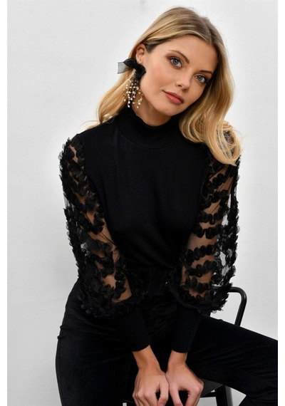 Aqe Fashion Kadın Siyah Kol Detayı Tül Bluz Siyah