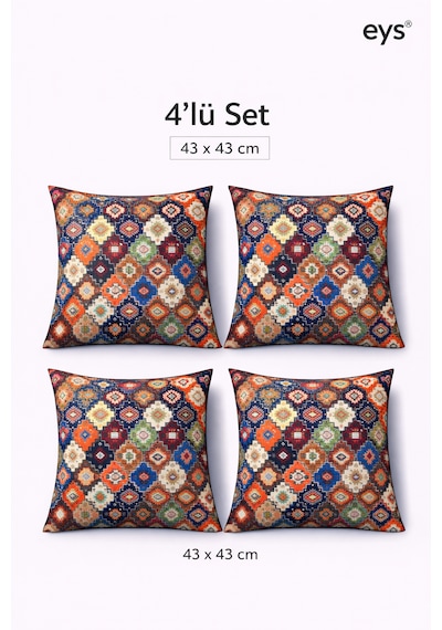 Dijital Baskılı Çift Taraflı Pamuklu Kırlent Kılıfı Gizli Fermuarlı, Astarlı 43 43 Cm 4'lü Set 43 x 43