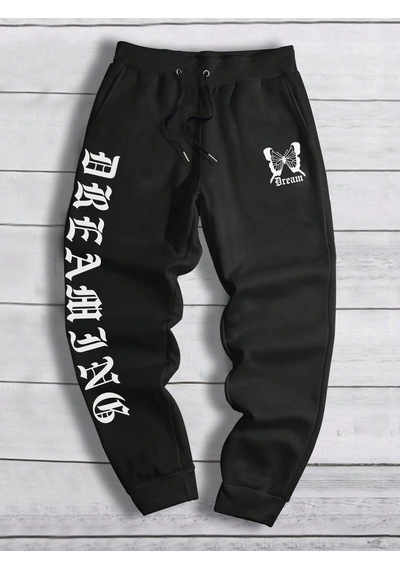 Letter Graphic Drawstring Waist Eşofman Altı Siyah