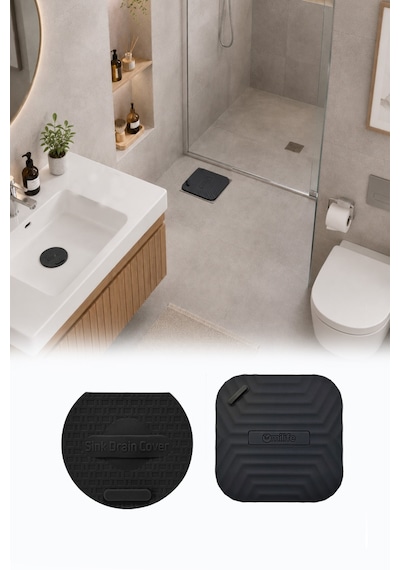 Siyah Kare Ve Siyah Evye Silikon Gider Kapağı 2'li Set Koku Önleyici Banyo Mutfak Gider Tıkacı