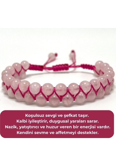 Sertifikalı Pembe Kuvars Çift Sıra Doğal Taş Makrome Bileklik Ayarlanabilir Ölçü Pembe