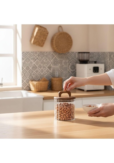 Amberhaus Akasya Kapaklı Çizgili Borosilikat Kavanoz - Vakumlu Silikon Contalı Modern Erzak Organizeri 650, Mililitre Çok Renkli