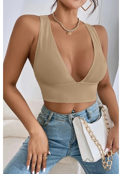 Terapi Men Kadın Bej Çapraz Sırt Detaylı Crop Top Bluz Bej