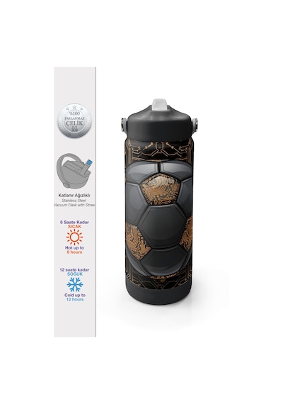 Coral High Futbol Desenli Katlanır Ağızlıklı Çelik Termos 650 Ml 38317 Siyah