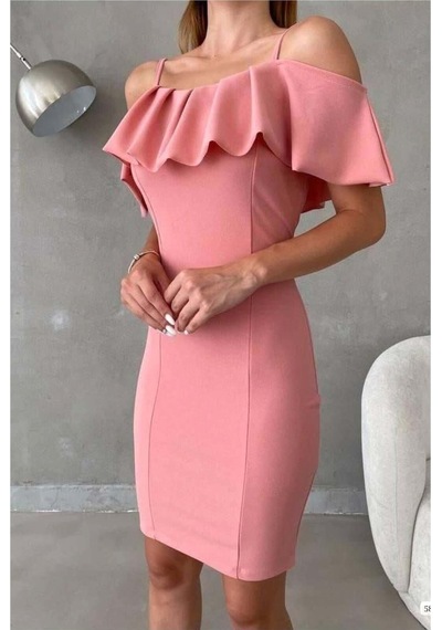 Lior Design Kadın Sade Madonna Yaka Volanlı Abiye Elbise Pudra