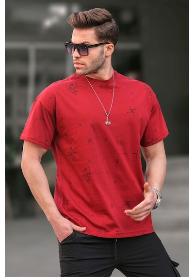 Madmext Bordo Bisiklet Yaka Baskılı Erkek Tişört 6093 Bordo
