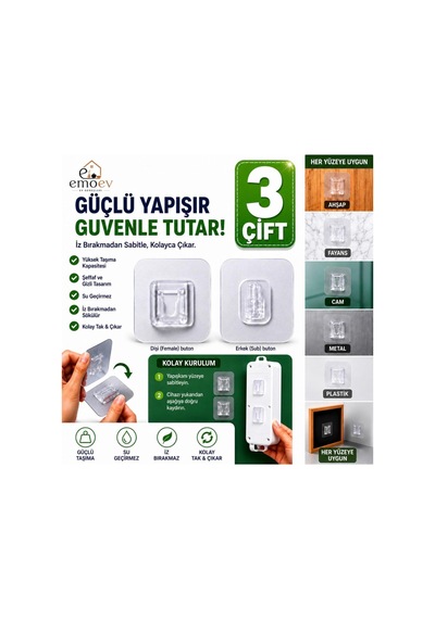 3'lü Şeffaf Çift Taraflı Geçmeli Yapışkanlı Askı Priz Ve Tablo Sabitleyici Matkapsız Duvar Aparatı Şeffaf Şeffaf