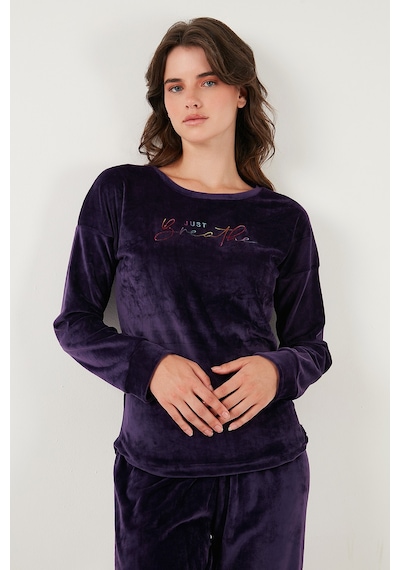 Lela Regular Fit Yumuşak Dokulu Kadife Bayan Pijama Takımı 6094200W4 Koyu Mor