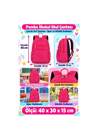Pembe İlkokul Okul Çantası Çocuk Sırt Çantası Spor Ve Günlük Kullanım 40 X 30 X 15 Cm Çok Renkli