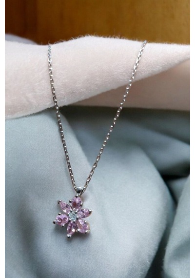 Modagümüşevi 925 Ayar Gümüş Pembe Taşlı Lotus Kolye, Gümüş Kadın Kolye, Lotus Çiçeği Kolye