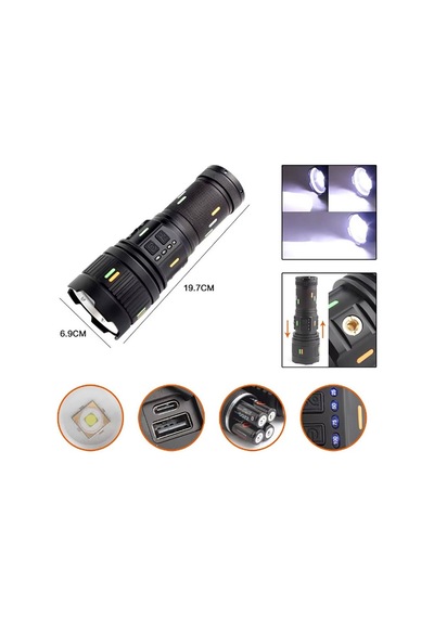 Pro F-3001 Alüminyum Tg Led Güç Göstergeli Type-c Şarjlı El Feneri 100 W Hmngoxxtptprp Çok Renkli