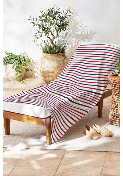 Çizgili Marine Plaj Havlusu - Lacivert Kırmızı Modern Nautical Hızlı Kuruyan Mikrofiber Havlu Kumlu Papatya