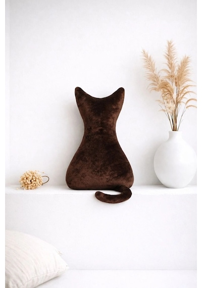 Kedi Figürlü Dekoratif Kırlent Kahverengi