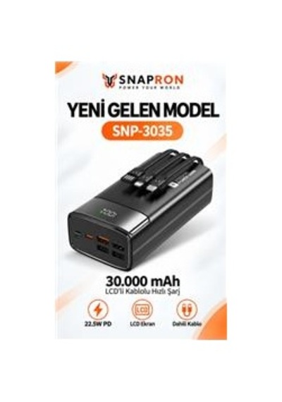 Snapron Snp-3035 30.000 Mah Lcd Ekran Dahili Kablolu 22.5w Hızlı Şarj Powerbank