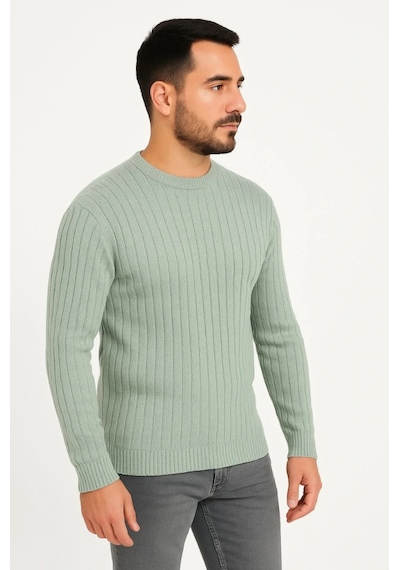 Erkek Bisiklet Yuvarlak Yaka Triko Kazak Pamuklu Kalın Fitilli Dokuma, Regular Fit Uzun Kollu Kışlık Model - Mint Yeşili