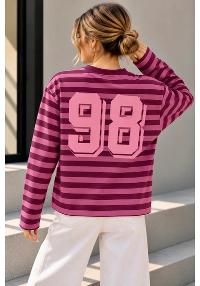 Bbbutikbasic Wild Baskılı Çizgili Uzun Kollu Kadın Sweatshirt My3535 Bordo