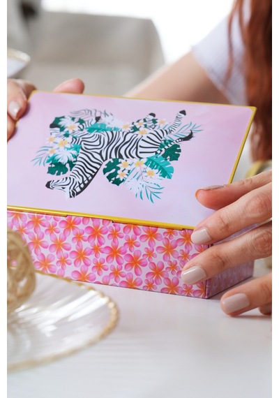 Premium Zebra Desenli Pembe Dekoratif Organizer Kutu Takı, Makyaj, Dikiş Ve Aksesuar Saklama Kutusu 160x102x50 Mm