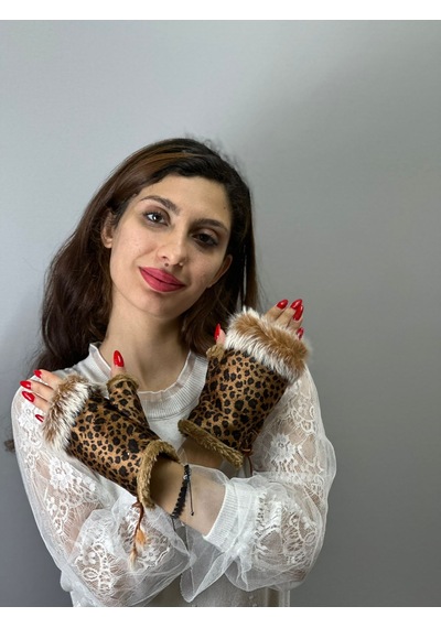 Gönülden Tasarım Leopra Kürklü Parmaksız Kadın Eldiven Kahverengi