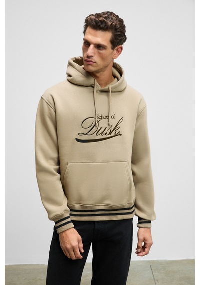 Grimelange Phantoseas Erkek Kapüşonlu Önü Nakışlı Etek Ve Kol Triko Detaylı Vizon Sweatshirt Vizon