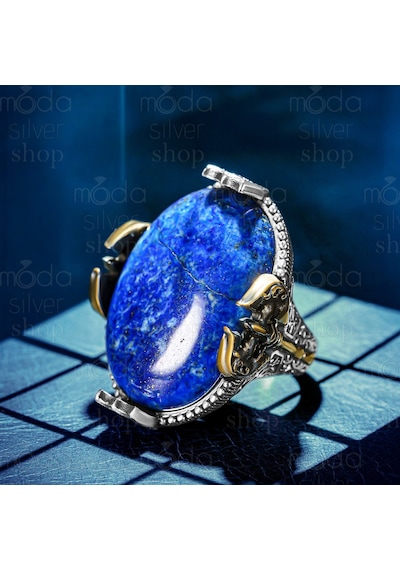 Gümüş Büyük Kasa Lapis Lazuli Taşlı Balta Tasarım Erkek Yüzük Gümüş