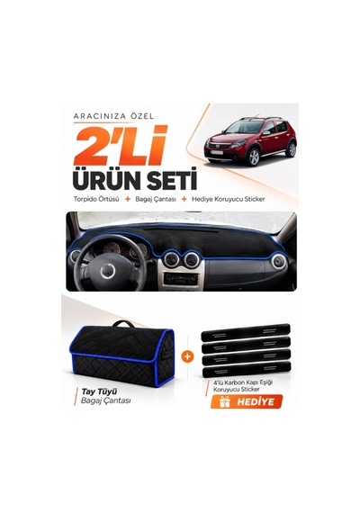 Dacıa Sandero 2010-2015 Uyumlu Torpido Örtüsü + Tay Tüyü Bagaj Çantası + Sticker Seti - Siyah Mavi
