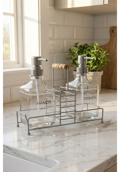 Makri Home Lüks Bambu Kulplu Gri Metal Stantlı İkili Cam Sıvı Sabunluk 500 Ml, 23x9x23,5 Cm