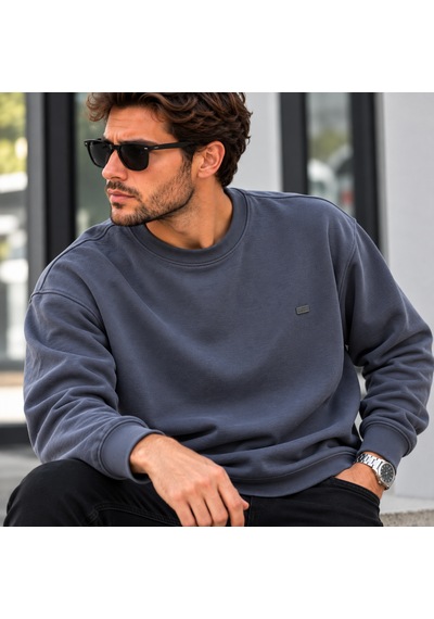 Erkek Modal Kumaş Bisiklet Yaka Sweatshirt Şık Tasarım, Tam Kalıp Antrasit