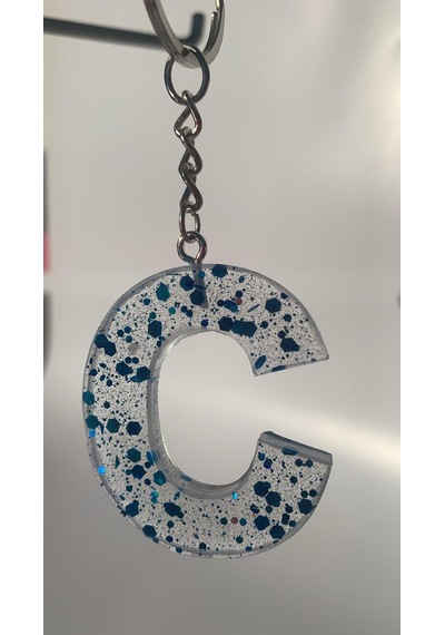 C Harfi Şeffaf Epoksi Mavi Glitter Süsleme Gümüş Halka Anahtarlık