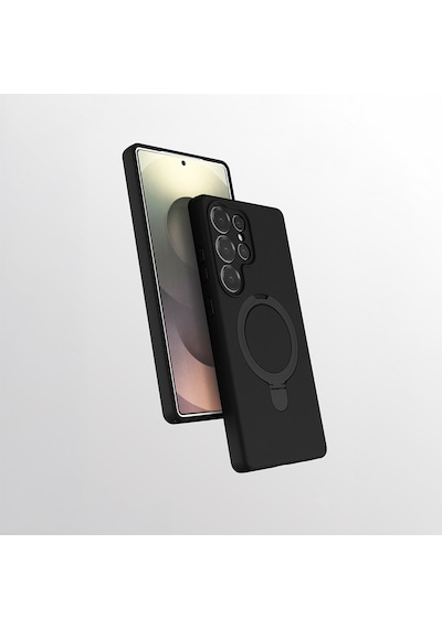 Samsung Galaxy Uyumlu S25 Ultra Kılıf Kablosuz Şarj Özellikli Standlı Samara Kapak Siyah