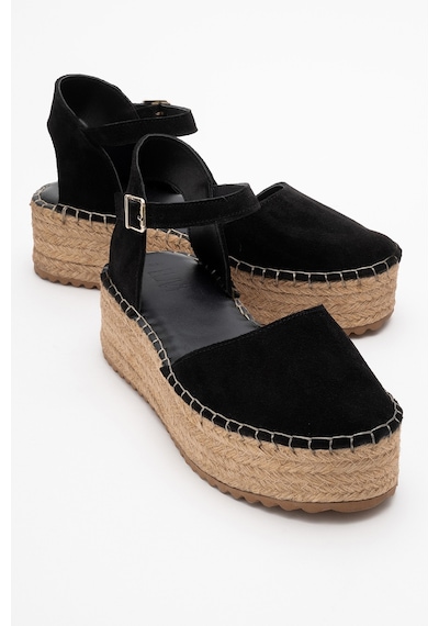 Luvishoes Viba Siyah Süet Hakiki Deri Kadın Hasır Dolgu Taban Sandalet Siyah
