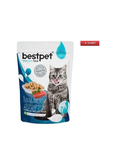 Bestpet Jelly Pouch Ton Balıklı ve Hamsili Yetişkin Kedi Konservesi 12 x 85 G