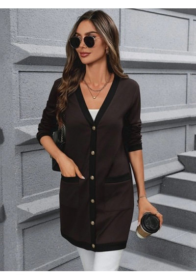 Defymoda Kadın Uzun Kollu Cepli Önden Düğmeli Uzun Modal Ceket Hırka Kahve