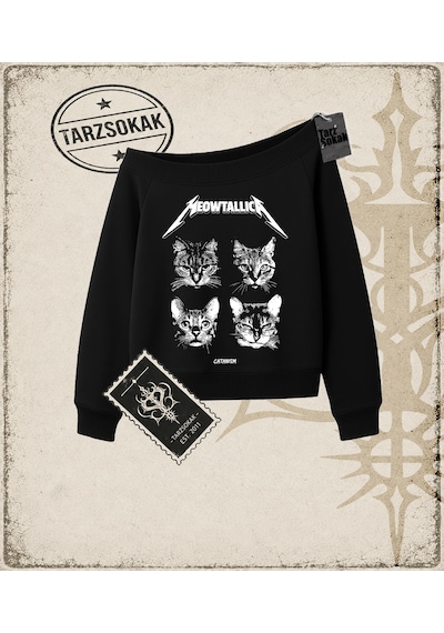 Tarzsokak Gotik & Grunge Streetwear Meowtallıca Kayık Yaka Sweatshirt Siyah