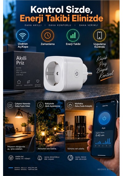 Wifi Güç Ölçer Akıllı Priz 16a Fonri, Tuya, Smart Life, Google Assistant, Amazon Alexa Destekli