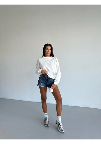 Kadın Beyaz Bisiklet Yaka 2 İplik Sweatshirt Hzl25w-fry123391 Beyaz