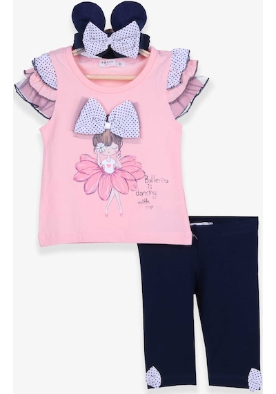 Breeze Kız Bebek Tayt Takım Balerin Baskılı Bandanalı Somon (6 Ay-2 Yaş)
