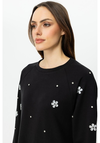 On Fashion Taşlı Uzun Kol Sıfır Yaka Mini Elbise Siyah