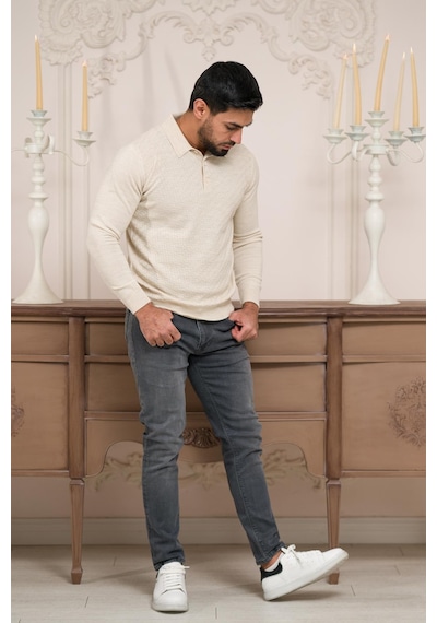Woolen World Polo Yaka Slimfit Desenli Yünlü Erkek Triko Kazak Krem