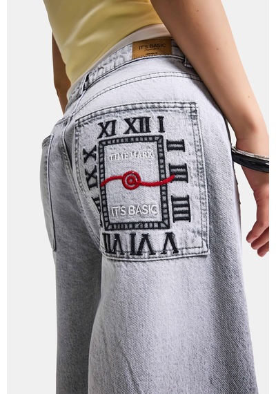 it's basic Kadın Gri 12s6-12 Süper Baggy Fit Yırtık Ve Nakış Detaylı Özel Tasarım Denim Jean
