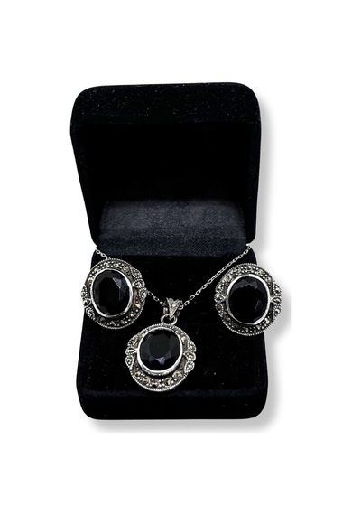 Oya Silver Büyük Işıltılı Markazit Çevrili Kesme Oniks Gümüş Set&takım