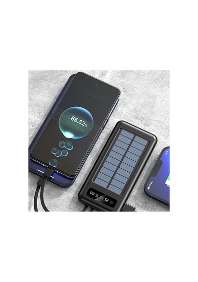 10000 Mah Powerbank Göstergeli Powerbank Solar Powerbank Güneş Enerjili Fenerli 4 Çıkışlı Siyah