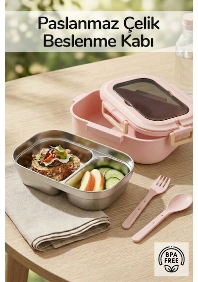 2 Bölmeli Kaşık Çatallı Paslanmaz Çelik Yemek Kabı Lunch Box Sefer Tası Beslenme Kabı Pembe