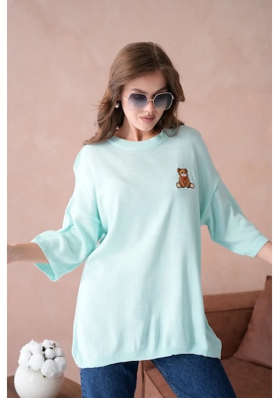Park Karon 10729 Kadın Bisiklet Yaka Nakış Detay Oversize Trko Kazak Mint