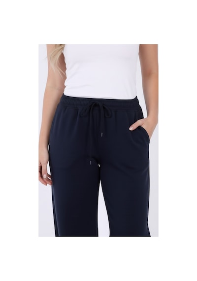 Myrab Denim Kadın Mavi Baggy Keten Pantolon Lastikli Bel Bağcıklı Rahat Geniş Paça Yazlık Pantolon Lacivert