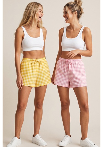 Siyah İnci 2'li Mevsimlik İnce Örme Şortlu Pijama Altı 8064 Pembe Sarı Ekose