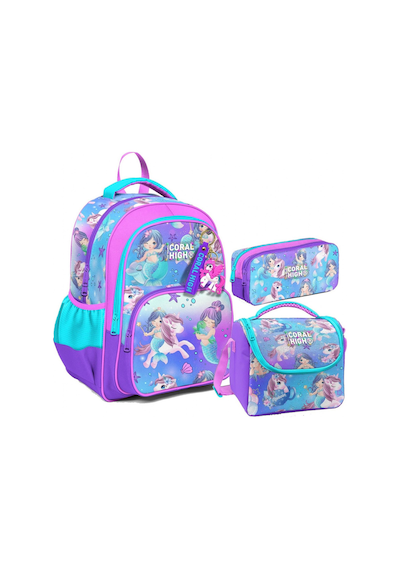 Coral High Kız Çocuk Üç Gözlü İlkokul Çanta Seti - Mor Pembe Unicorn Desenli